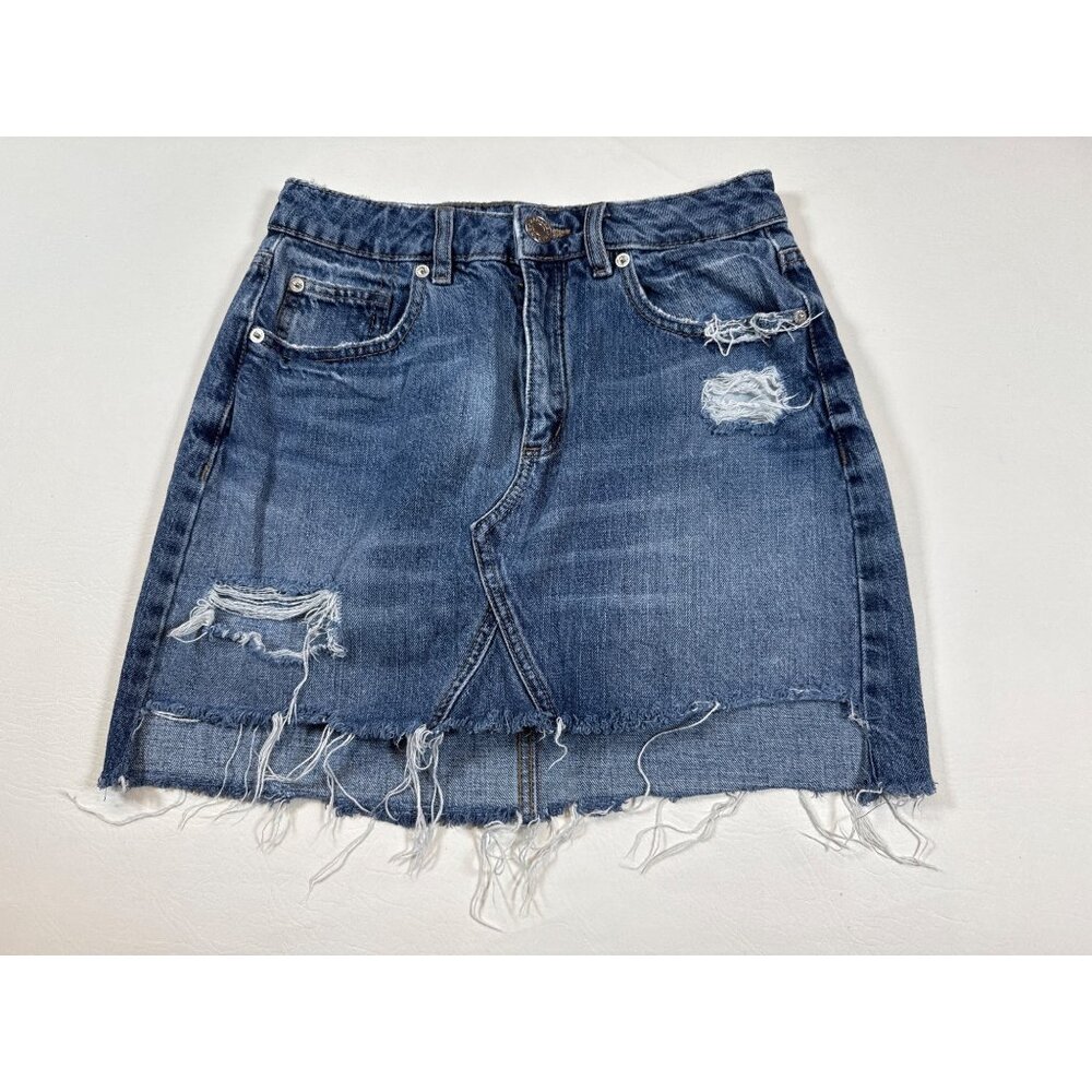 Garage Womens Distressed Denim Skirt XS Frayed Hem Blue Cotton (Z384)